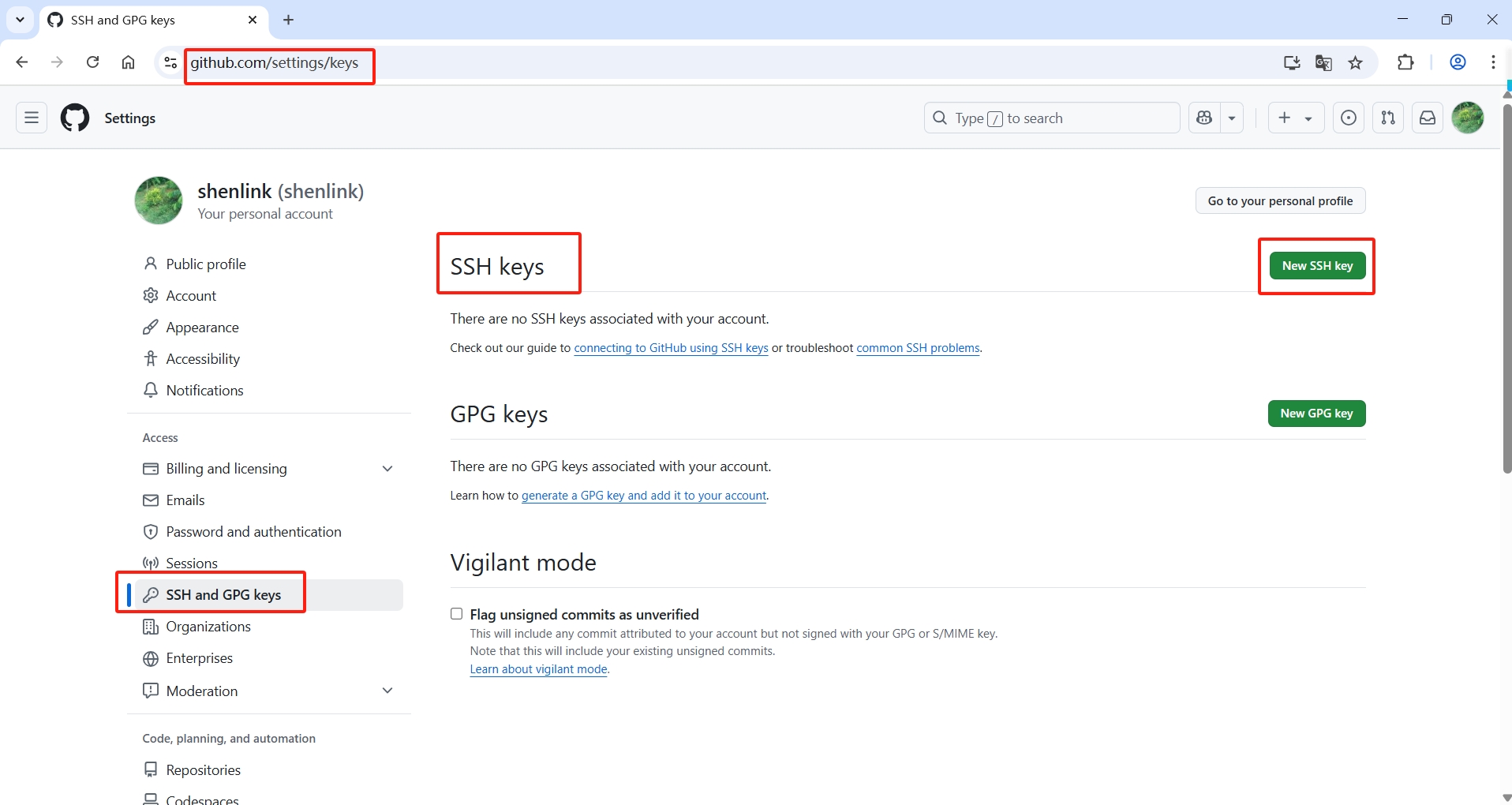 点击New SSH key按钮
